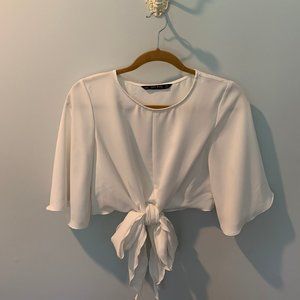 Zara White Cropped Blouse with Tie size XS